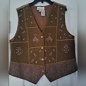 Vintage Tandem Brown/Beige‎ EMBROIDERED VEST/ SZ 42 70% Lain 30% Autres